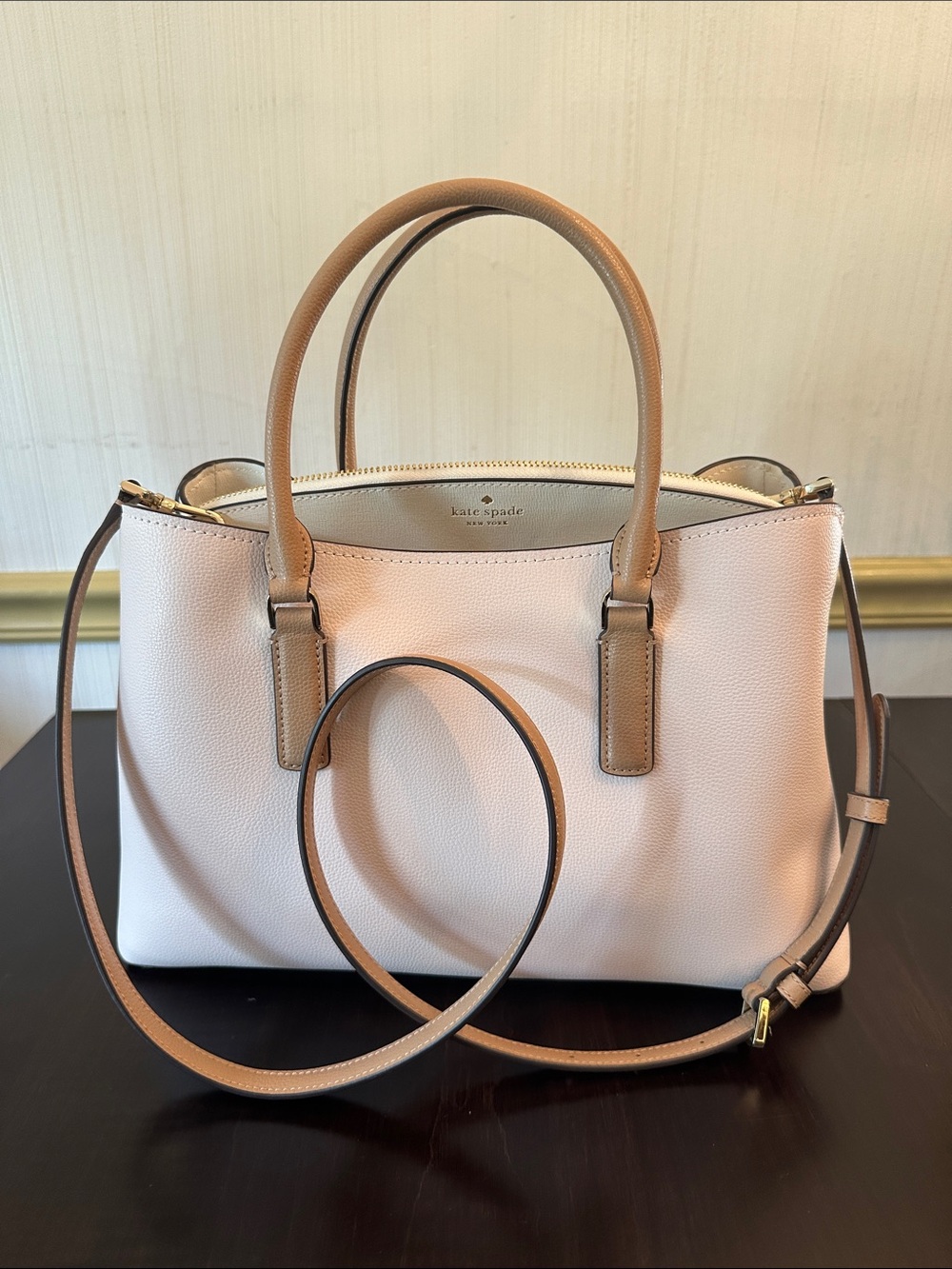 kate spade Blush Pink and Tan Leather Satchel with Crossbody Strap